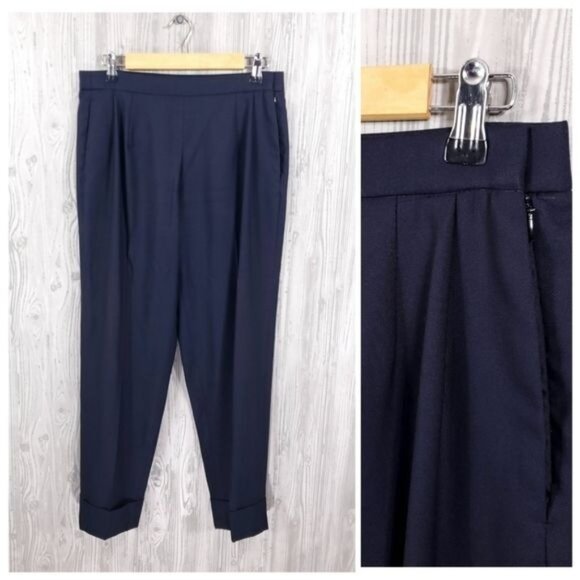 The Row Virgin Wool Silk Trouser Pant Cuffed Pleated Navy Blue - Picture 1 of 5